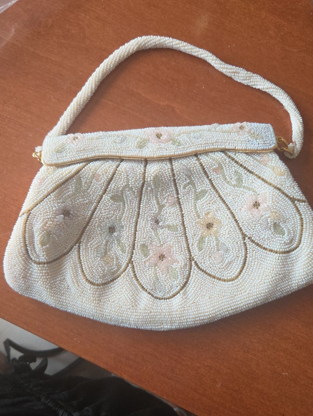 Vintage Beaded Floral Evening Bag - Cream